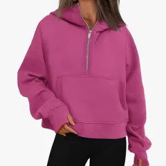 Autumn And Winter Zipper Long Sleeve Loose Hooded Sweater - Red - View 1