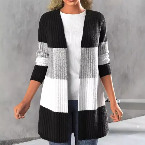 Women's Casual Long Coat with Contrasting Color Pit Stripe
