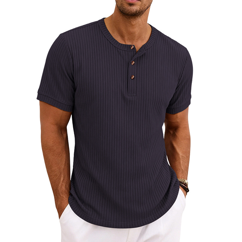 Summer New Men's Henley-Neck Ribbed T-Shirt