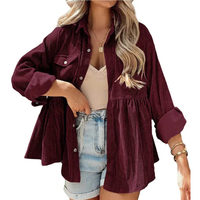 Fashion Corduroy Ruffled Shirt Top For Women Wine Red - Shop at LoveMi