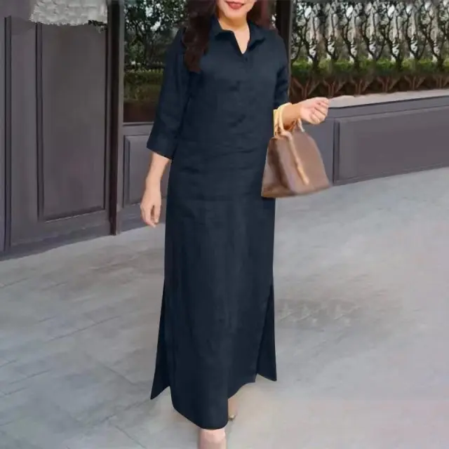 Solid Color Lapel Long Sleeve Simple Dress Women Blue - Shop at LoveMi