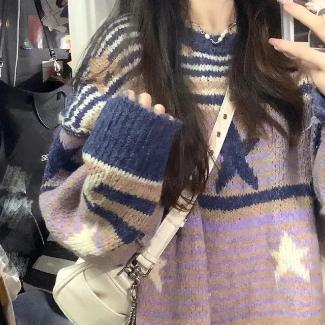 Women's Fashion Striped Crew Neck Pullover Sweater Star Round Neck Sweater - Shop at LoveMi