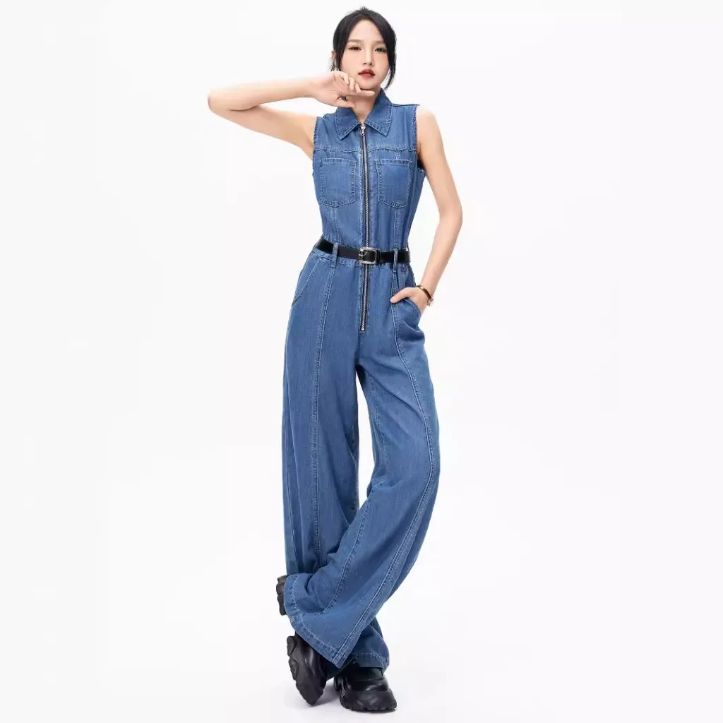 Denim Jumpsuit Women's Summer French Style Temperament Slimming Chic High-end Sense - Navy Blue