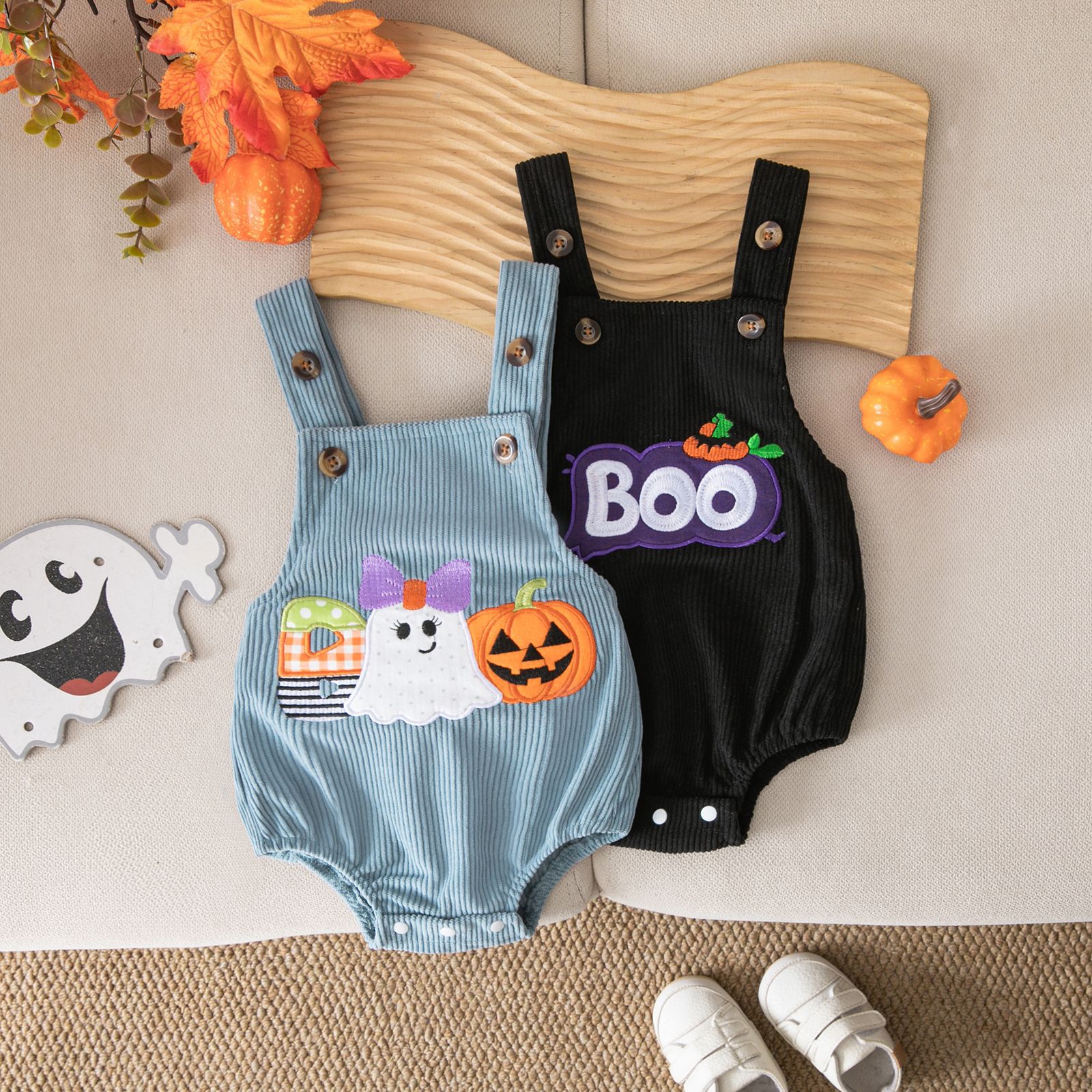 Verão Halloween Strappy Corduroy bordado Pumpkin Cute Romper