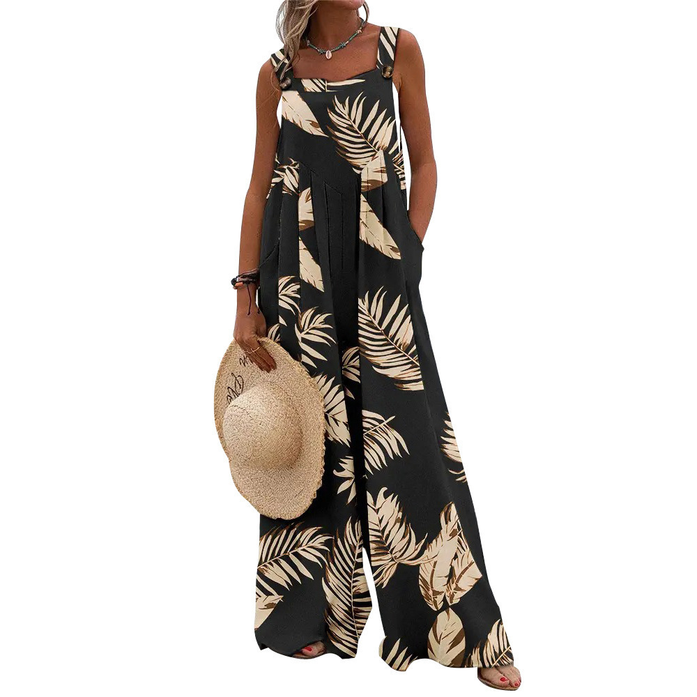 Womens Printed Sleeveless Loose Casual Wide-Leg Pants