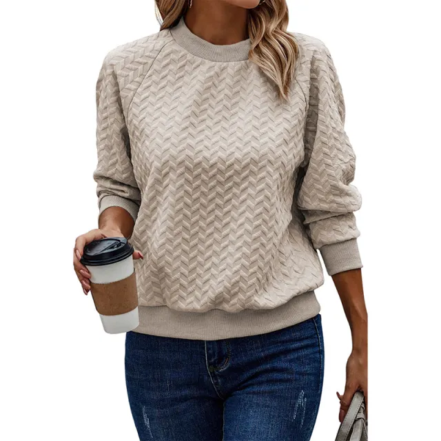 Solid Color Textured Round Neck Sweater Apricot - Shop at LoveMi