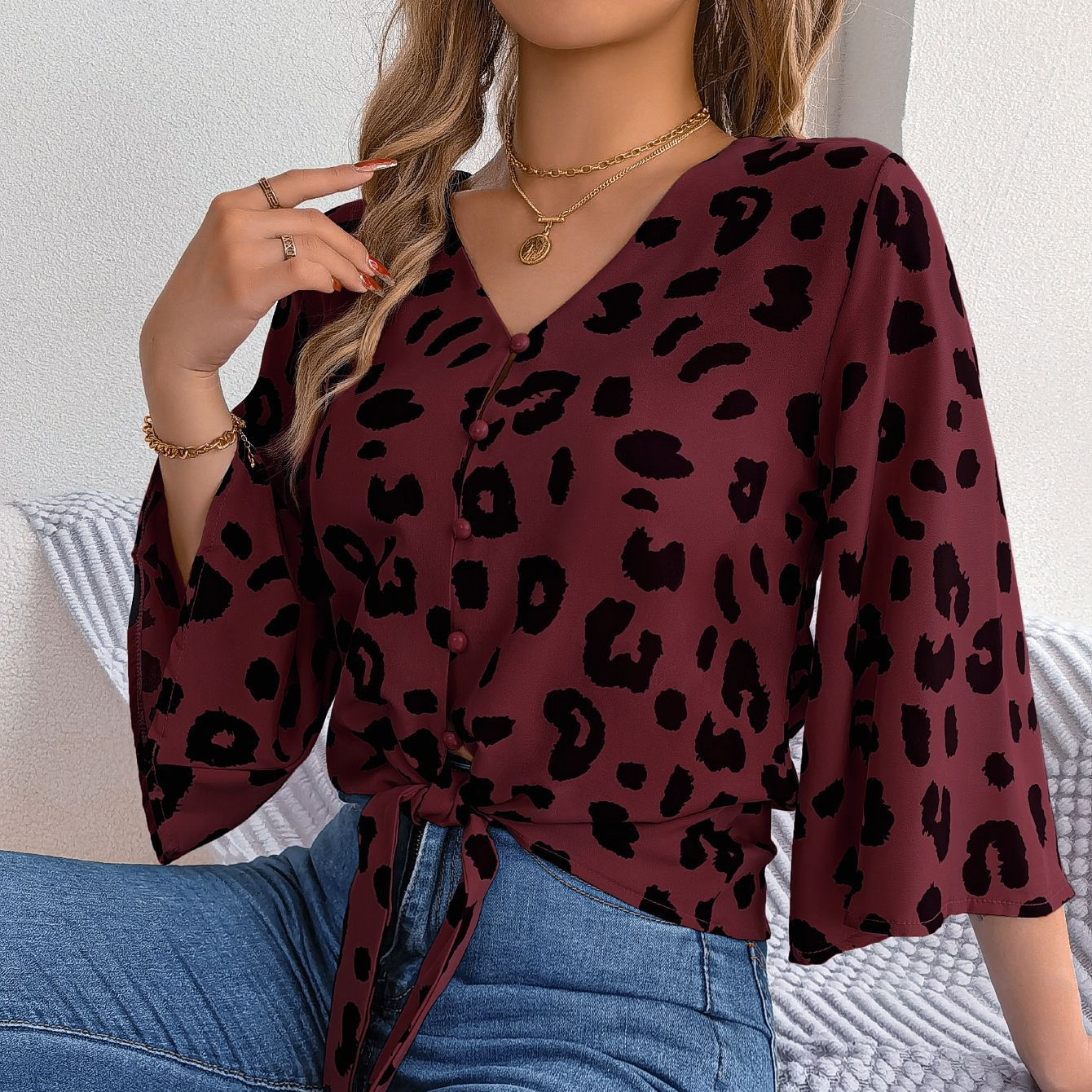 Womens Casual Fitted Blouse With Lace-up Details