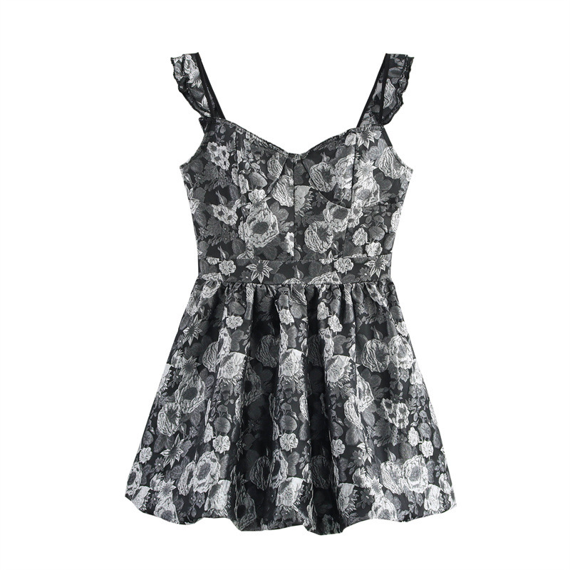 European And American Style Elegant Jacquard Waist Trimming Short Sling Dress
