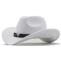 Metal Bull Head Label Western Denim Top Woolen Fedora Hat - 11 White - View 1