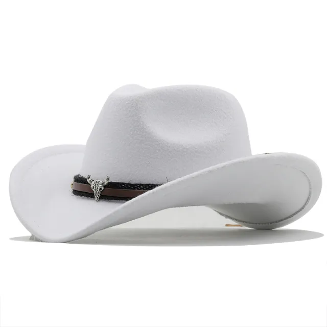 Metal Bull Head Label Western Denim Top Woolen Fedora Hat 11 White - Shop at LoveMi