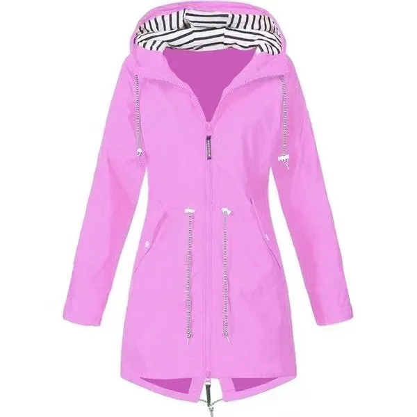 Womens Waterproof Raincoat Casual Basic Outdoors Drawstring Trench Lightweight Drawstring Jackets Hiking Clothes For Women Pink - Shop at LoveMi