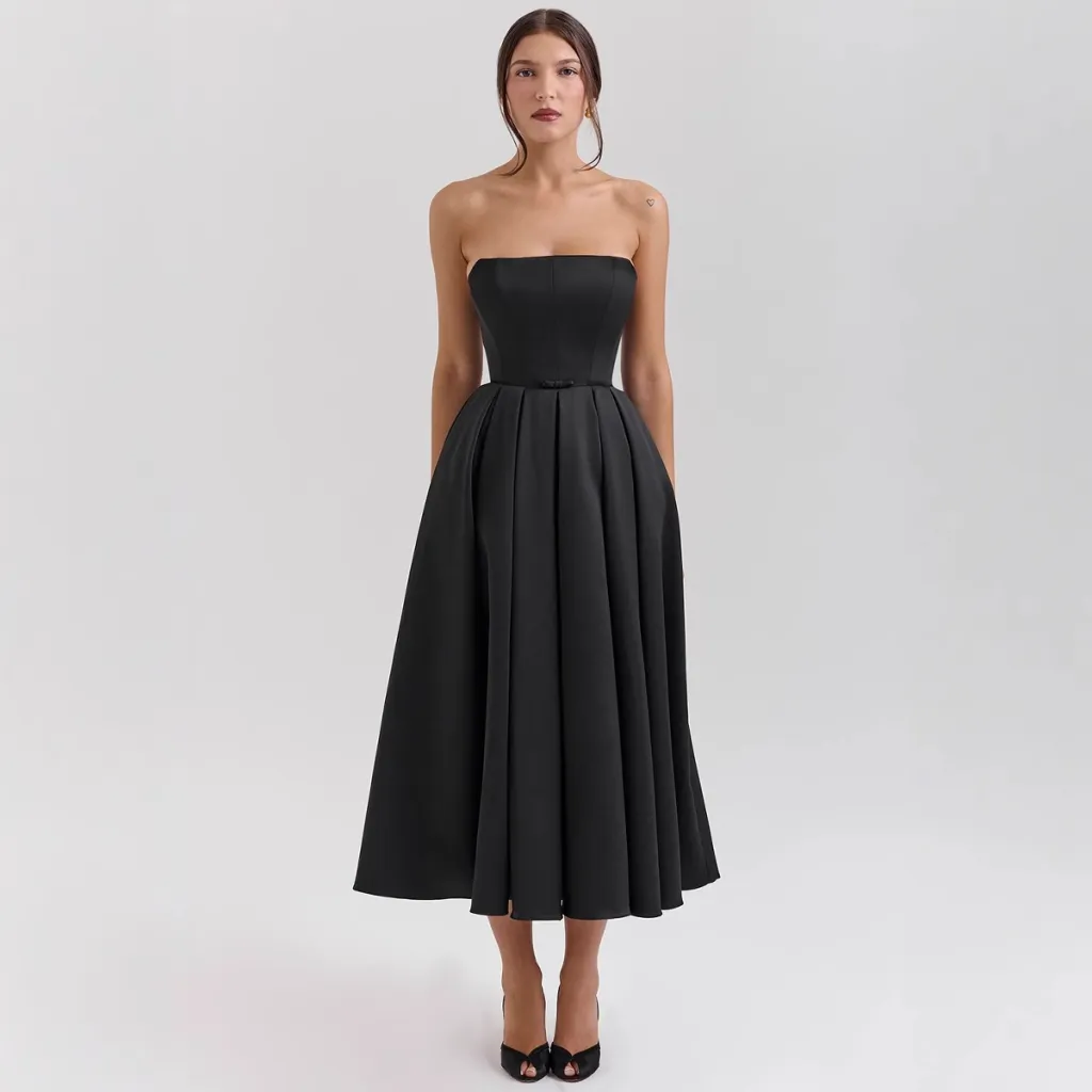 Summer Outfit High-end Fishbone Bustier Pure Desire Style Bodycon Backless Midi Dress - Black