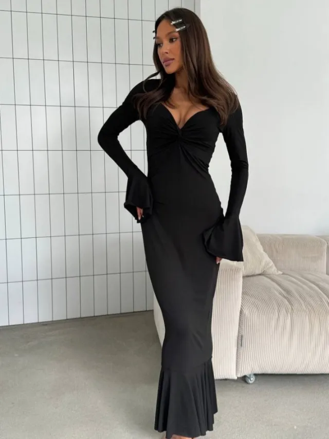 V neck Elegant Ins Ruffle Sleeve Long Sleeve Summer Dress Black - Shop at LoveMi