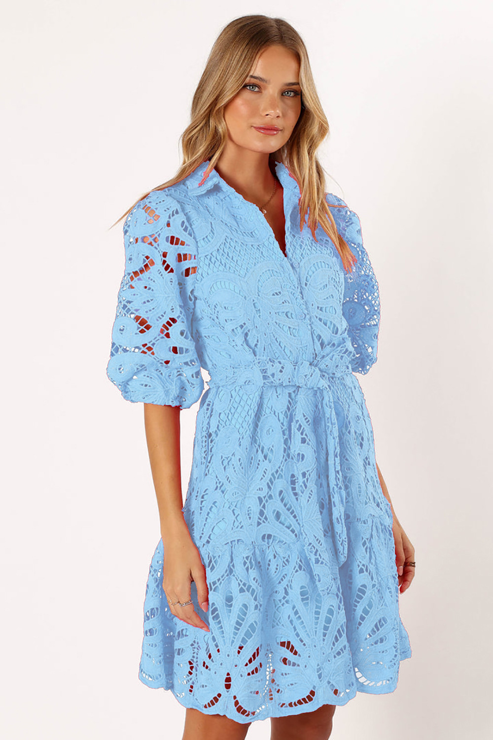 Shirt Sexy Cutout Water Soluble Lace Flower Dress Light Blue - Shop at LoveMi