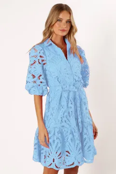 Shirt Sexy Cutout Water Soluble Lace Flower Dress - Light Blue - View 1