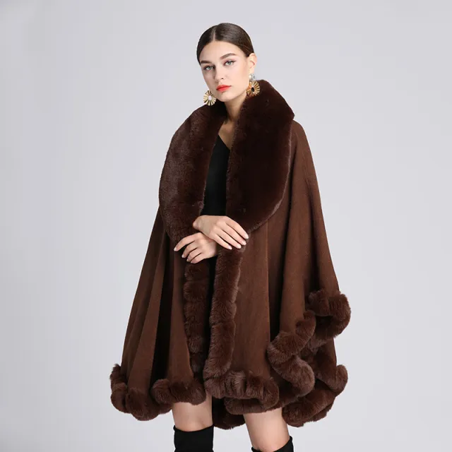 Fur Collar Shawl Cape Knitted Cardigan Baggy Coat Brown - Shop at LoveMi