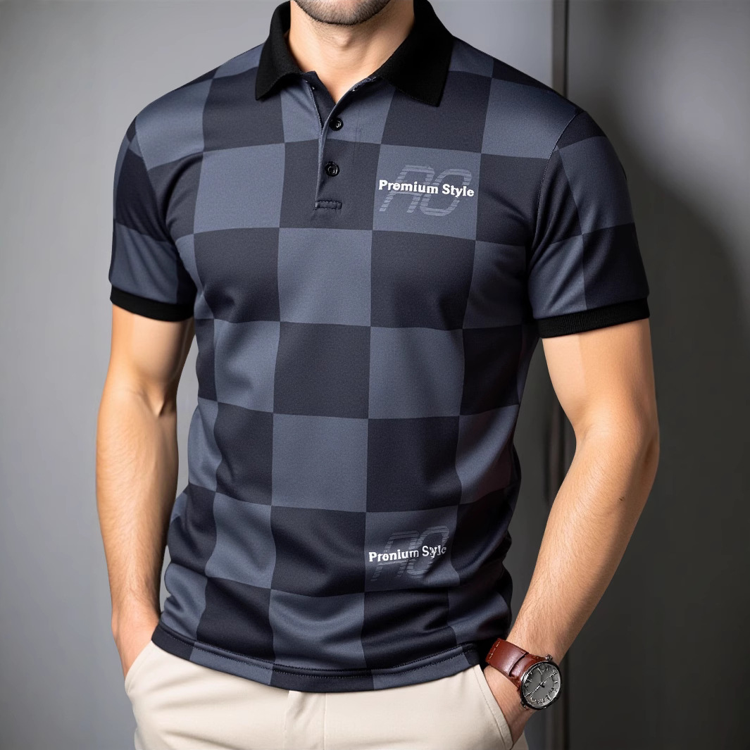 Checkered Short-Sleeve Letter-Printed Casual Fashion T-Shirt