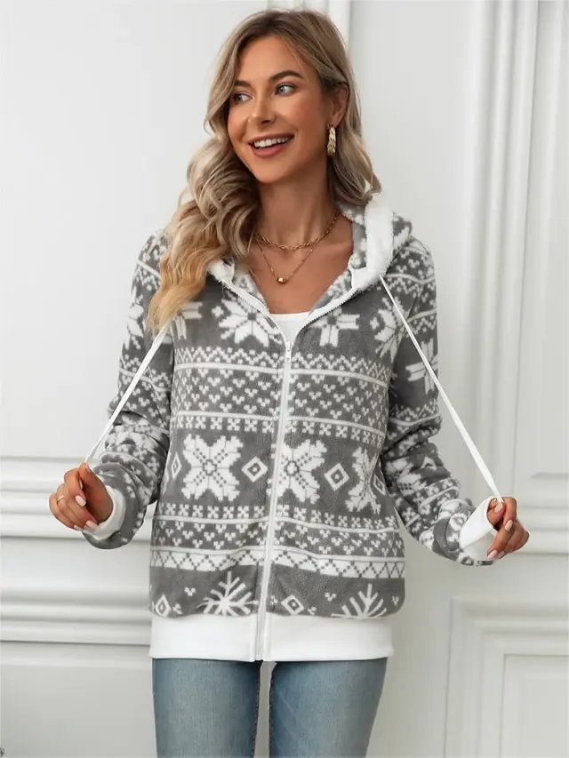 European And American Autumn And Winter New Hooded Cardigan Christmas Style Printed Plush Coat Gray - Shop at LoveMi