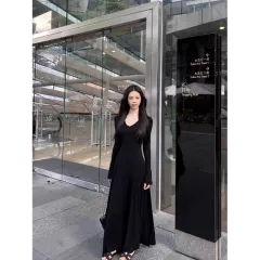 Elegant Inner Match Long Sleeve Knitted Dress Women's Black Sexy Waist Trimming Slim Fit - Black - View 1