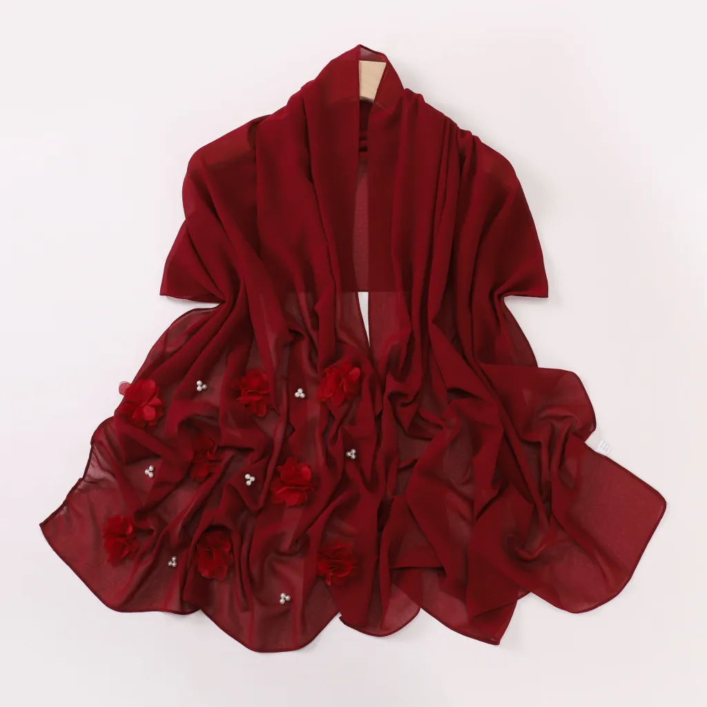 Pearl Chiffon Handmade Sticky Flower Beaded Scarf Hui Gauze - Wine Red