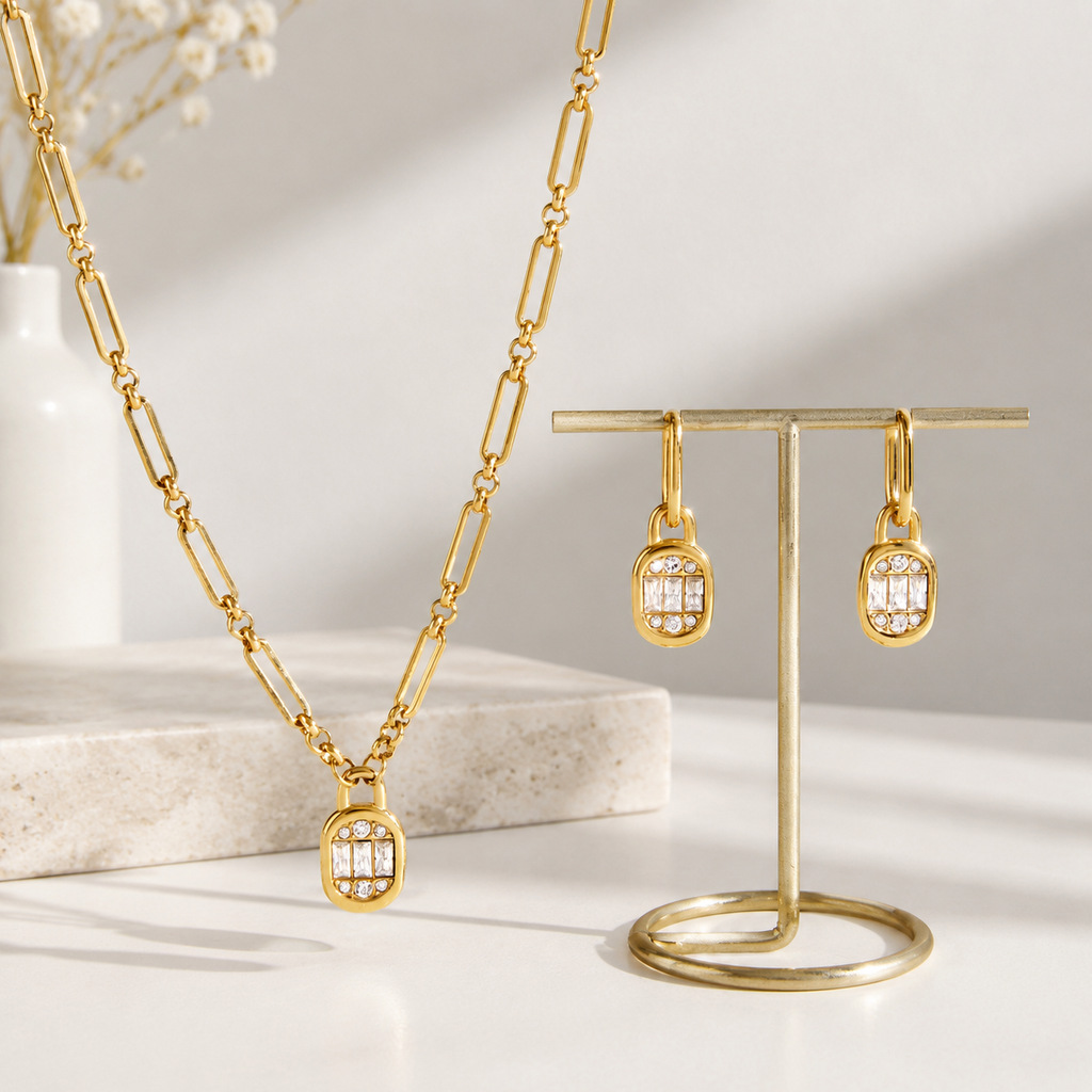 Rhinestone Pendant Titanium Steel Necklace And Earrings For Women