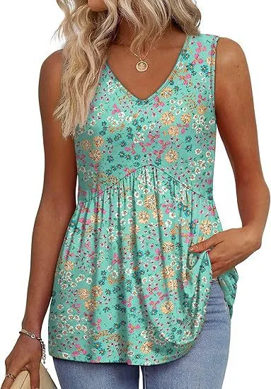 Women's Elegant Sleeveless V neck Elegant Ruffle Top Green Flowers - Shop at LoveMi