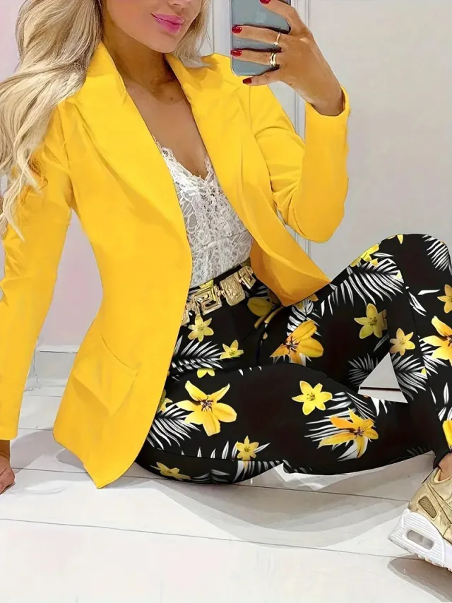 Solid Color Minimalist Long Sleeve Suit Top And Trousers Suit Yellow - Shop at LoveMi