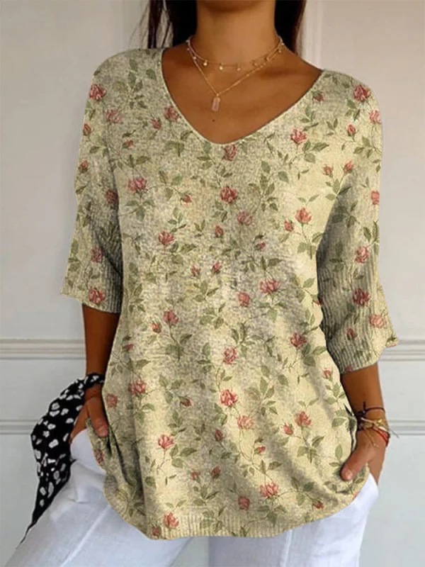 Elegant Retro Womens Casual Floral Print V-Neck Long-Sleeve Top