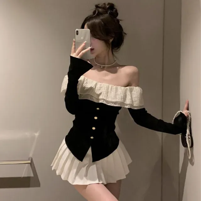 Off shoulder Long sleeved T shirt Women's Ruffled Patchwork Top Black - Shop at LoveMi