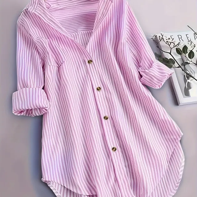 Women's Striped Button Casual Loose Long sleeved Shirt Pinkred - Shop at LoveMi