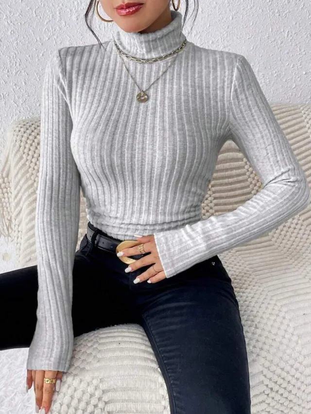 Autumn And Winter V neck Long Sleeve Brushed Sunken Stripe Knitted Top Light Gray - Shop at LoveMi