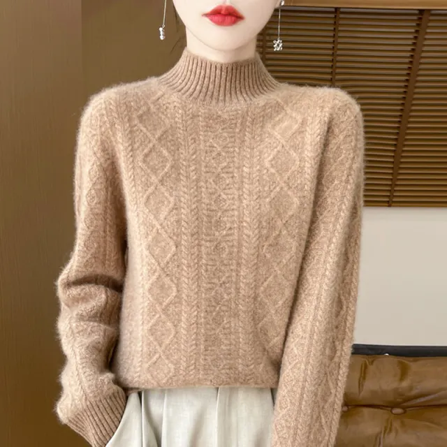 Women's Semi High Neck Versatile Loose Knit Sweater Thickened Base Layer Golden Camel - Shop at LoveMi