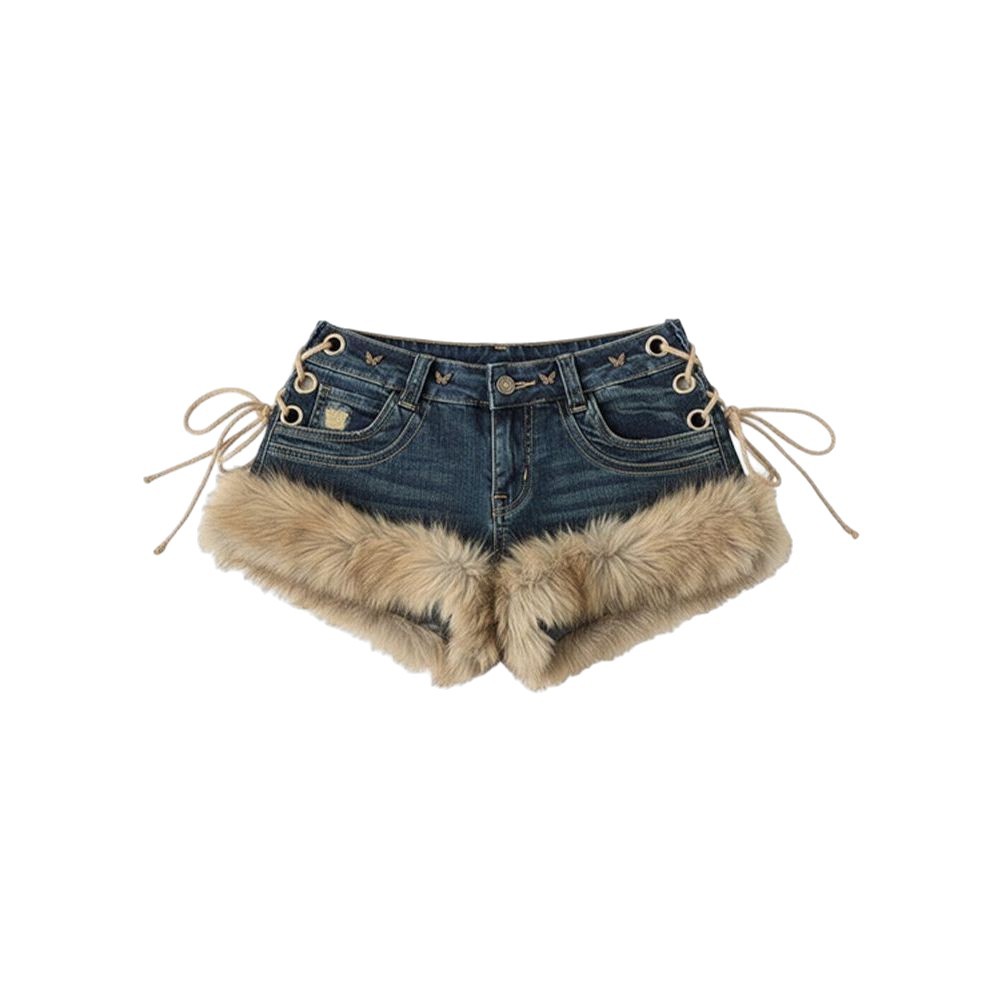 Womens Stylish Furry Patchwork Micro Shorts
