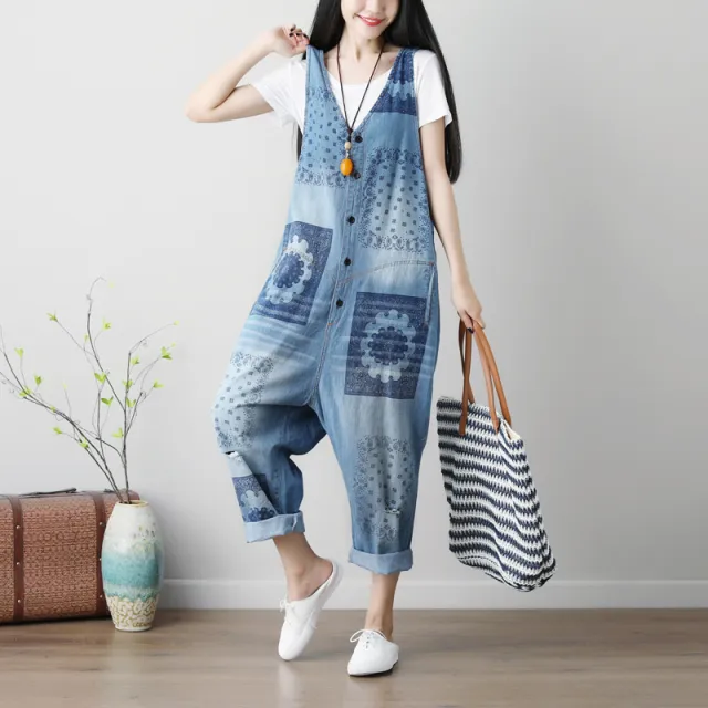 Sleeveless Washed Printed Plus Size Ripped Denim Suspender Pants Light Blue - Shop at LoveMi