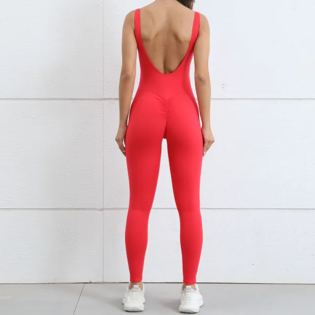European And American Hollow Beauty Back Peach Hip Tight Yoga Jumpsuit Red - Shop at LoveMi