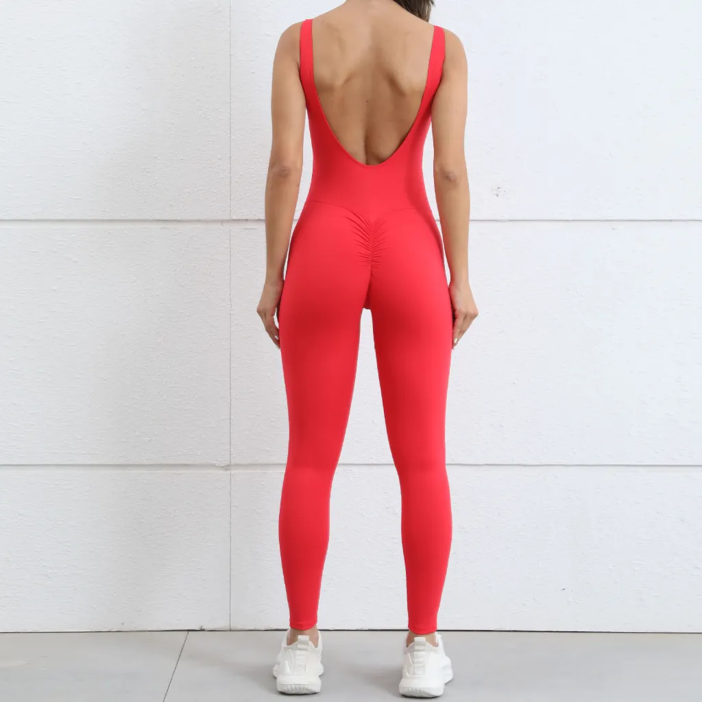 European And American Hollow Beauty Back Peach Hip Tight Yoga Jumpsuit - Red