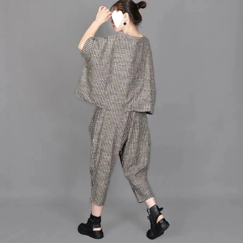 Retro Artistic Striped Casual Suit Women's Plus Size Loose Short Sleeve