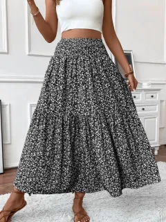 Small Floral Three-layer Long Patchwork Skirt - Black Flower - View 1
