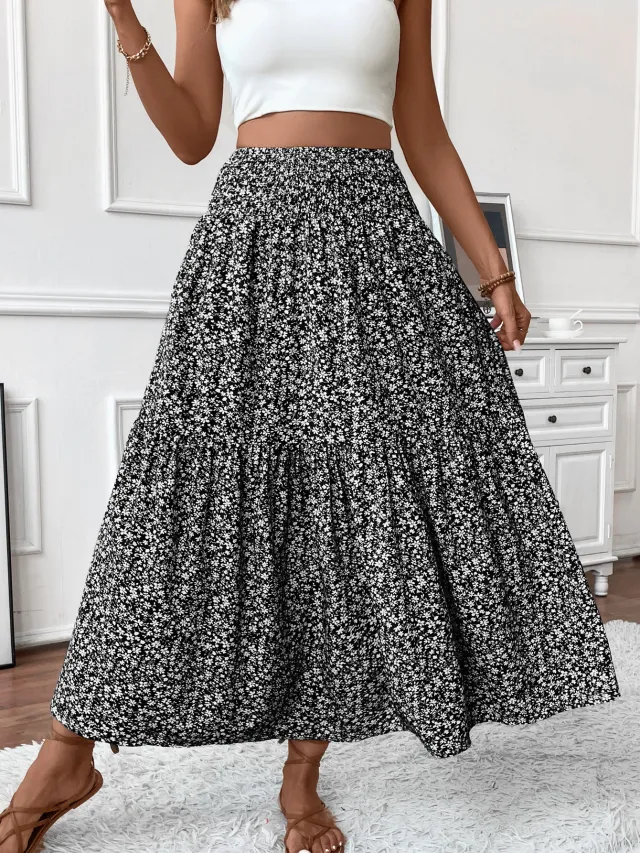 Small Floral Three layer Long Patchwork Skirt Black Flower - Shop at LoveMi
