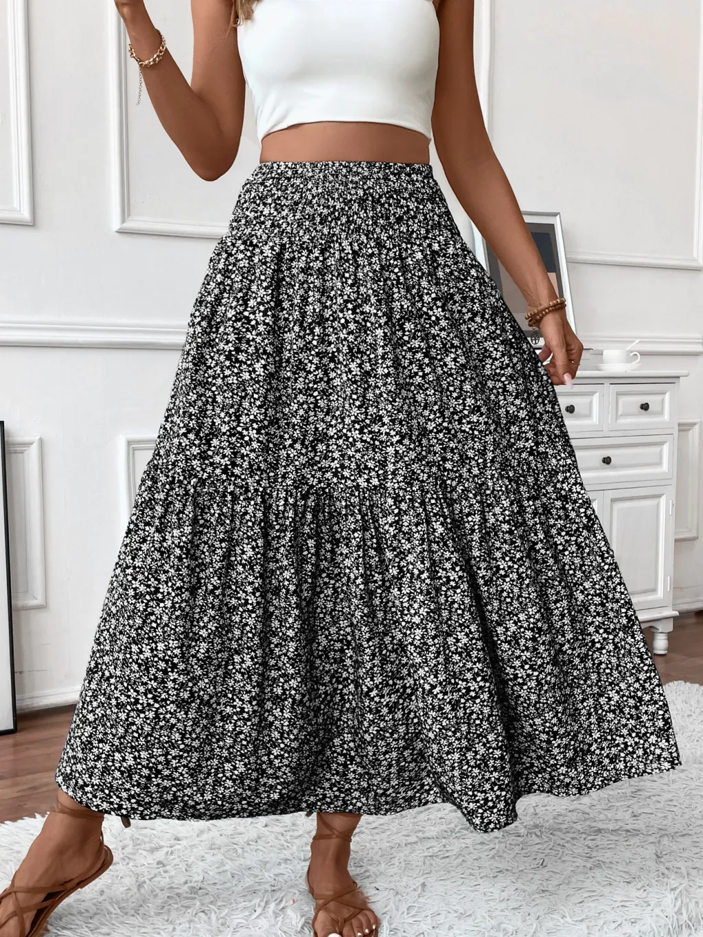 Small Floral Three-layer Long Patchwork Skirt - Black Flower