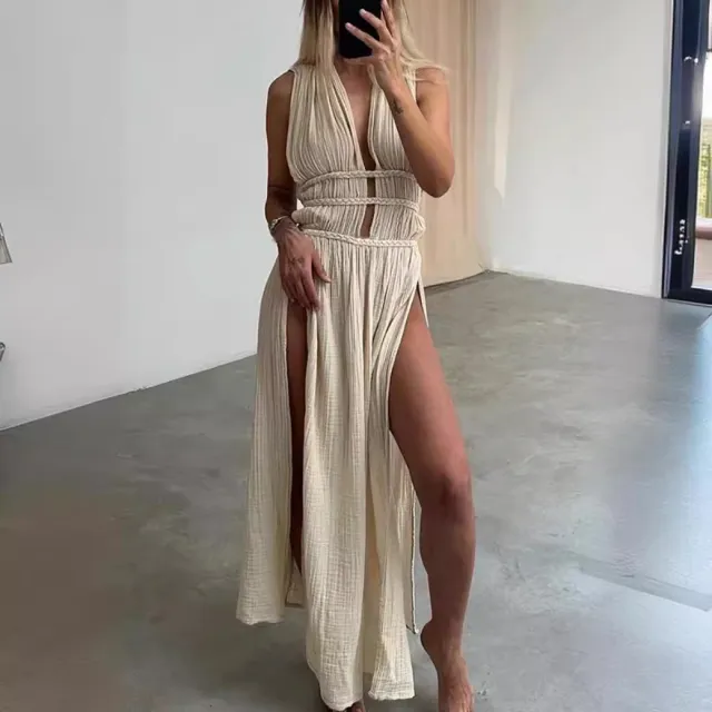 Women's Solid Colored Linen blend Sleeveless Hollow out Dress With Waist Belt Beige - Shop at LoveMi