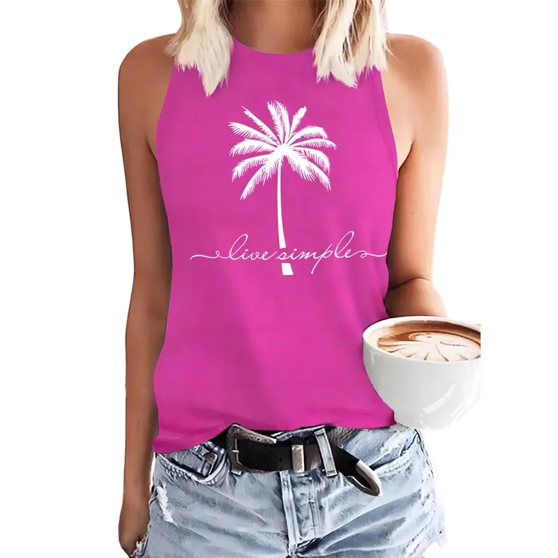 Coconut Tree Printed Crew Neck Casual Sleeveless T-shirt Women's Vest - Rose Red