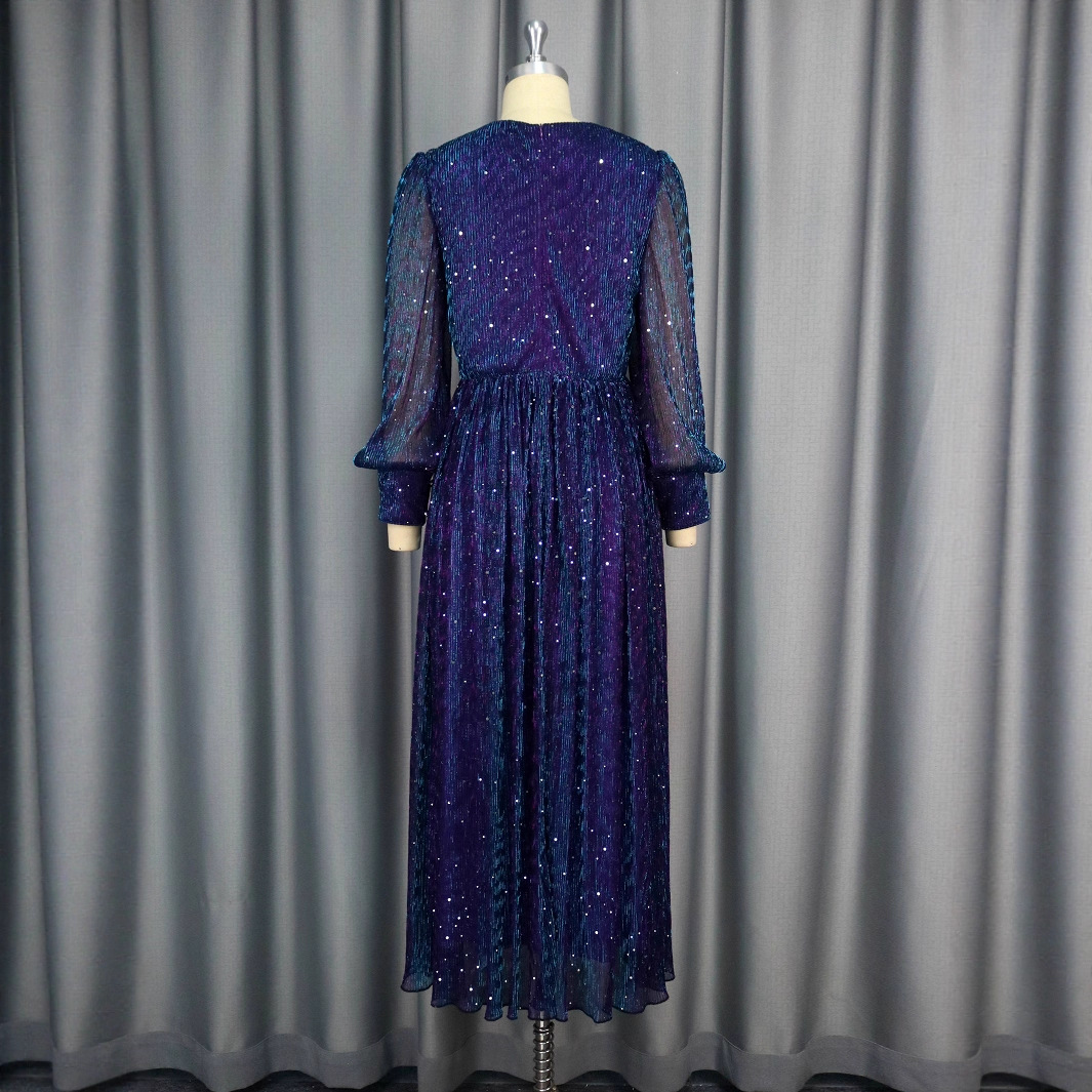 Sexy V-neck Sequined Long Sleeve Dress Purple Slim Fit