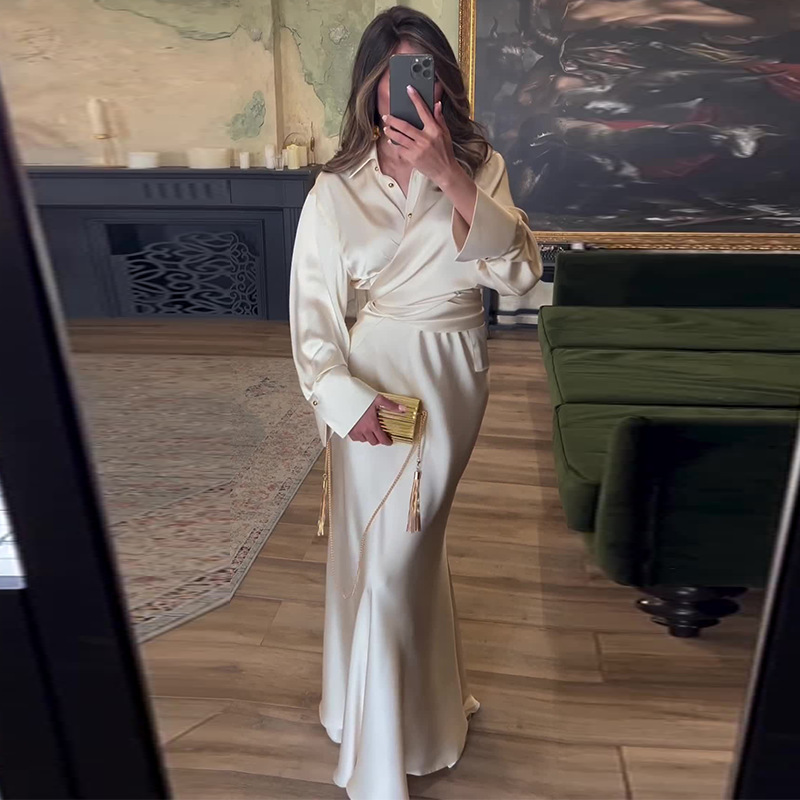 Cross Bandage Dress Cinched Waist Slim-fit Long Sleeve Dress