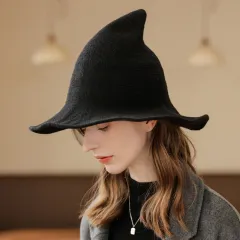 Peaked Big Eaves Knitted Wizard Top Hat Female Fisherman Basin Hat - Black - View 1