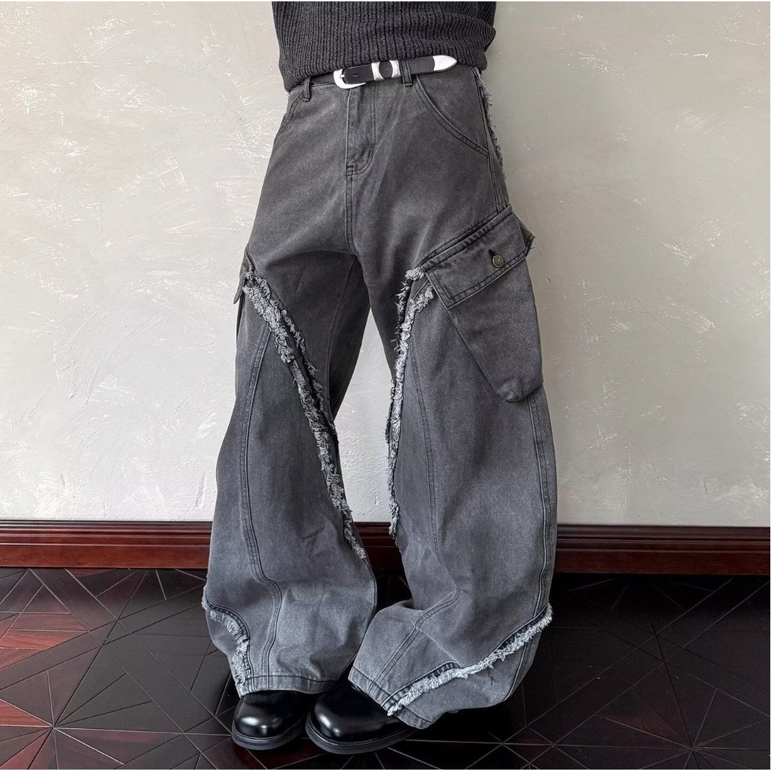 Washed Distressed Patchwork Loose Wide-Leg Pants For Men - Image 1