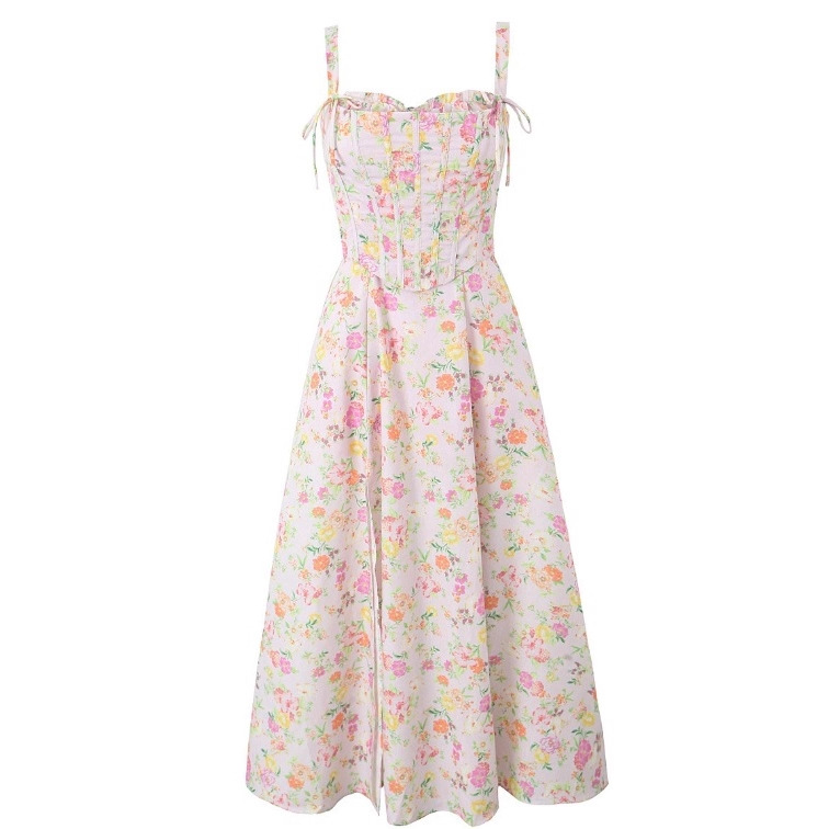 Floral Fishbone Tied Spaghetti-strap Top Tube Top Dress Suit