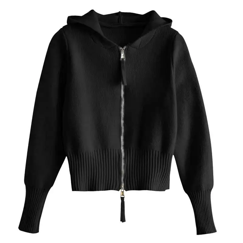 Double-headed Zipper Waist Trimming Short Hooded Sweater Coat