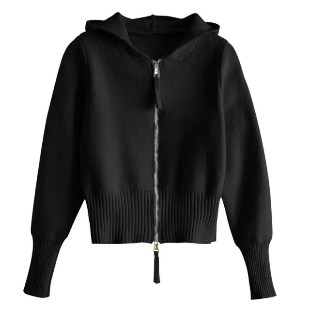 Double headed Zipper Waist Trimming Short Hooded Sweater Coat Black - Shop at LoveMi