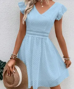 Lace Elegant Casual Mid-length Women's Dress - Light Blue - View 1